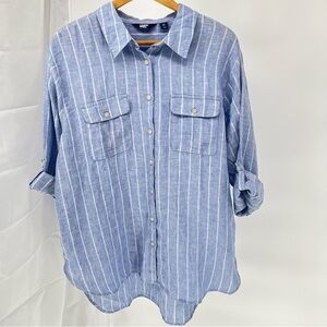 Lands End Womens New Linen Tunic Top Size 18 Button Down Roll Tab Long Sleeves